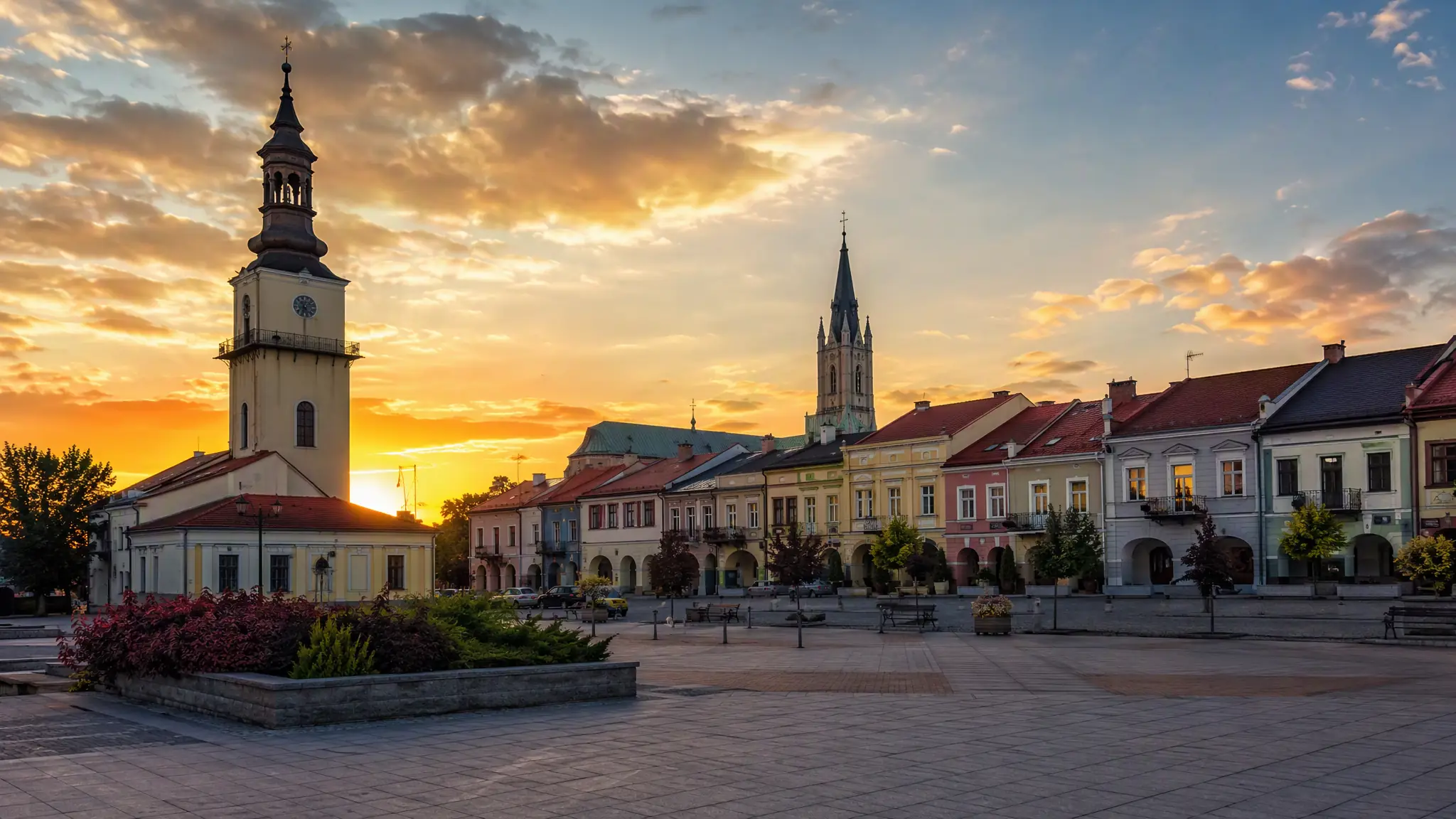 Rynek w Dębicy z ratuszem i wieżą bazyliki św. Jadwigi o zachodzie słońca