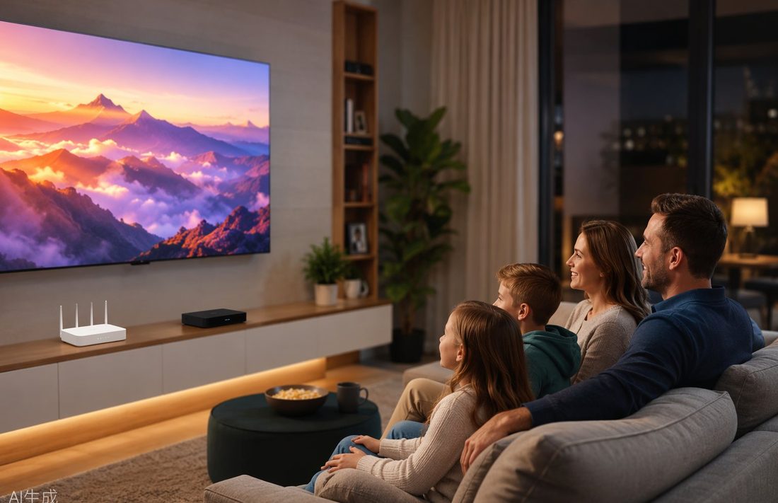 Rodzina oglądająca telewizję Netia w salonie