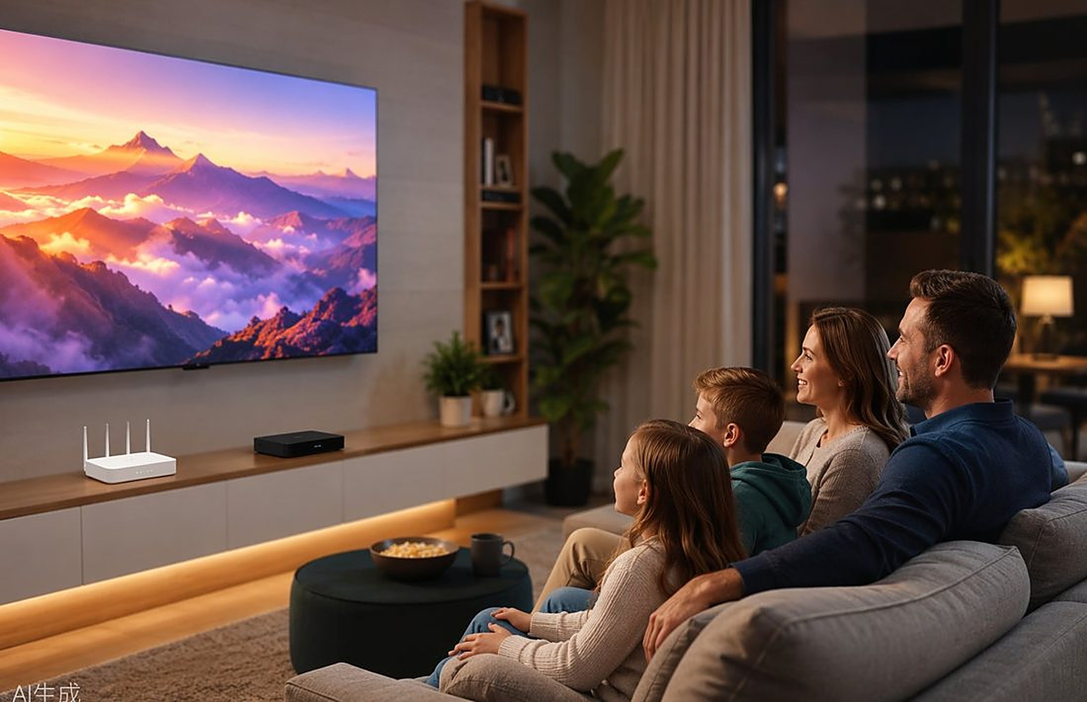 Rodzina oglądająca telewizję Netia w salonie