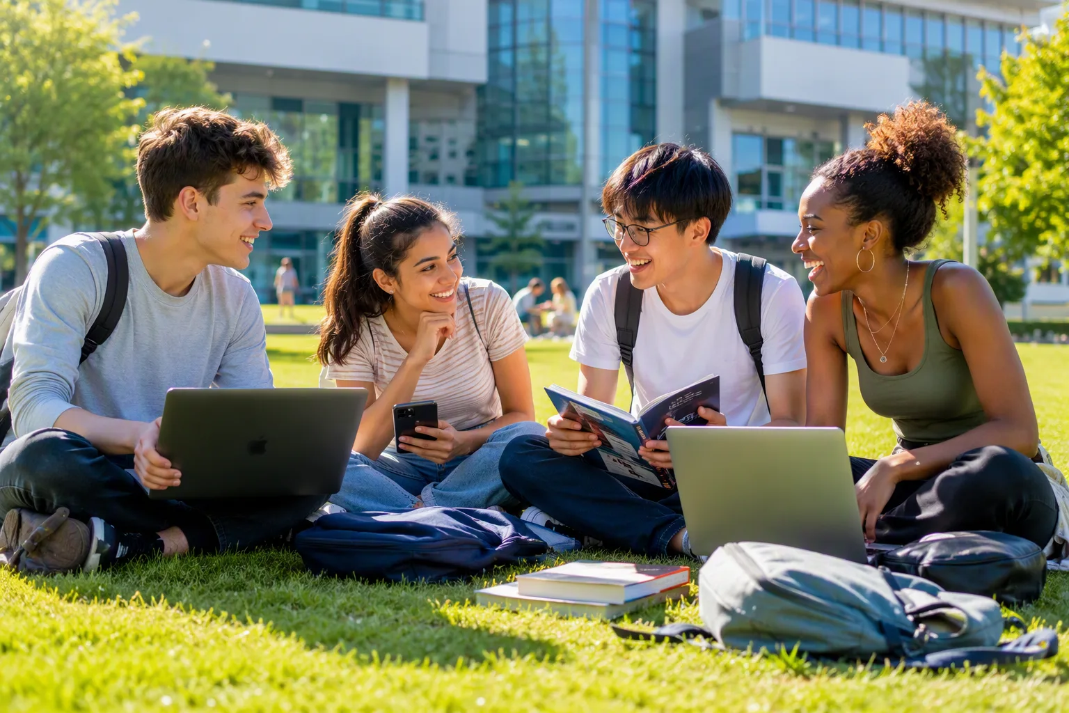 Studenci z laptopami na trawie kampusu